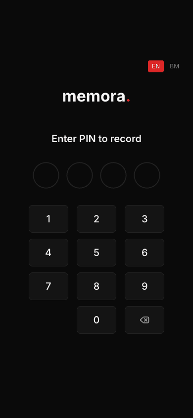 Memora PIN entry screen