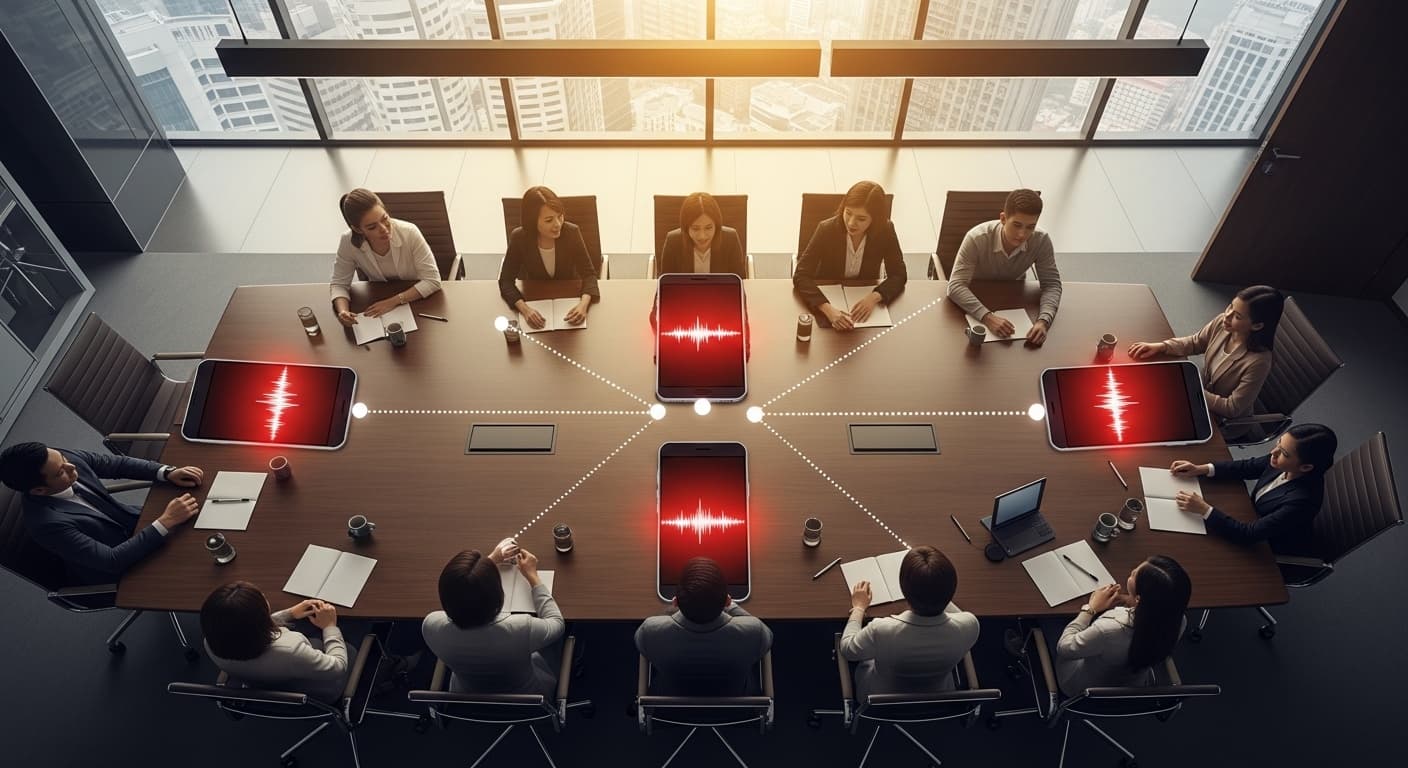 Conference room with multiple phones recording