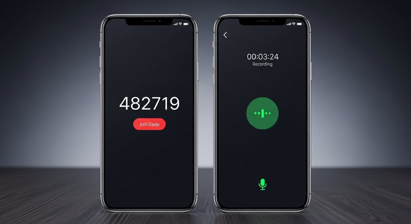 Two phones showing join code and recording interface side by side
