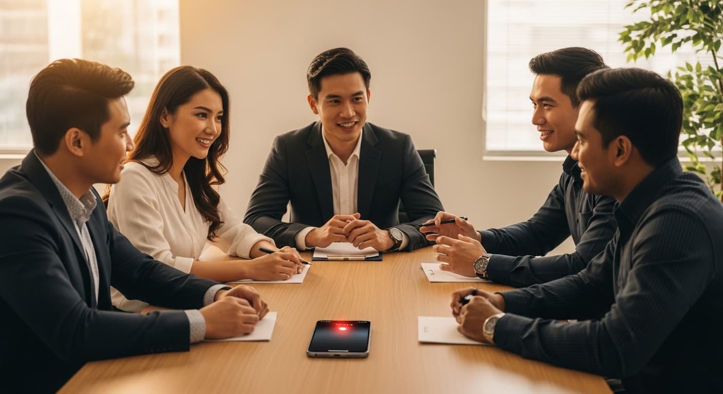 Malaysian team in a meeting with phone recording in the center of the table