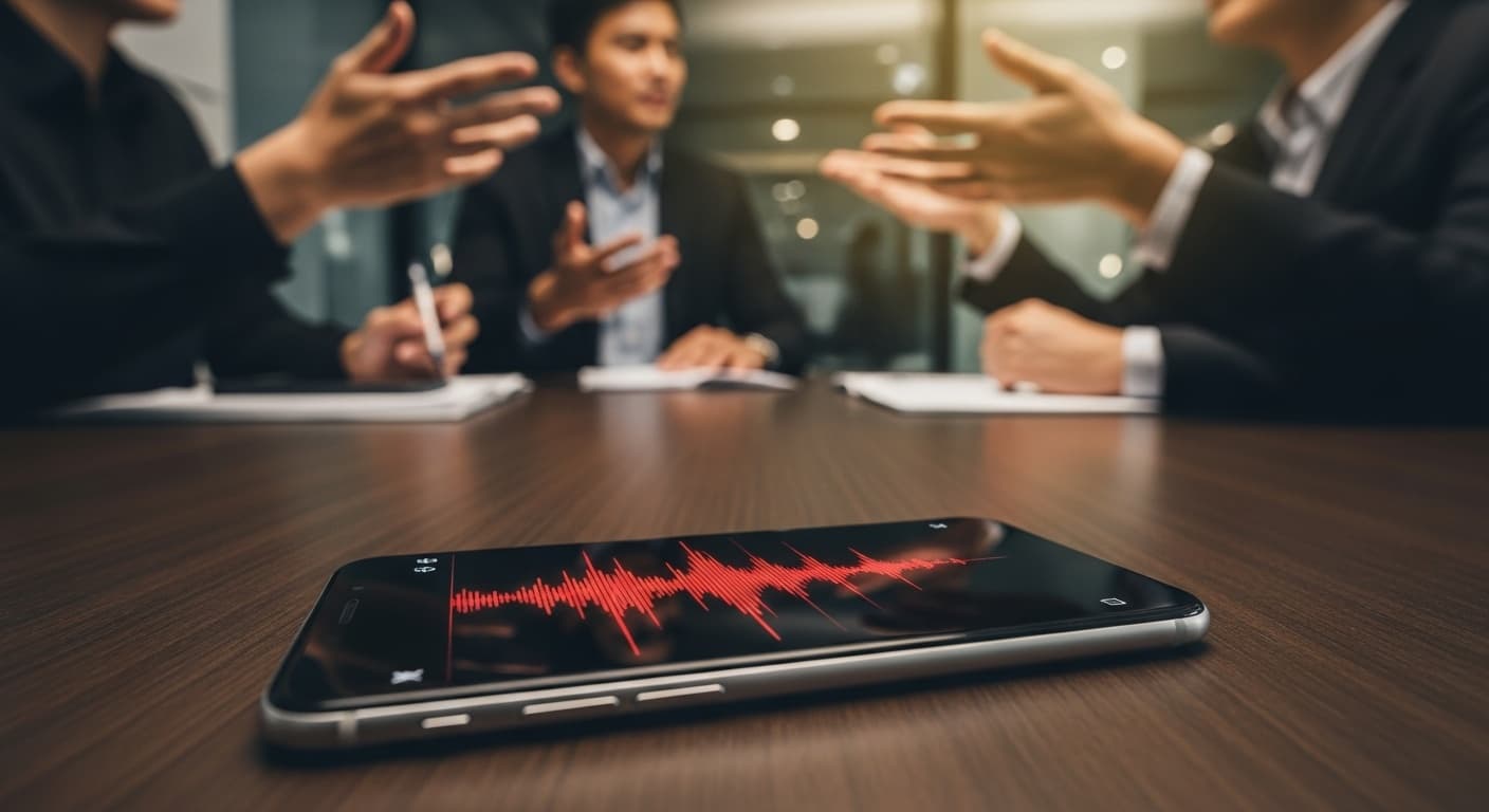 Close-up of phone recording a meeting with Memora