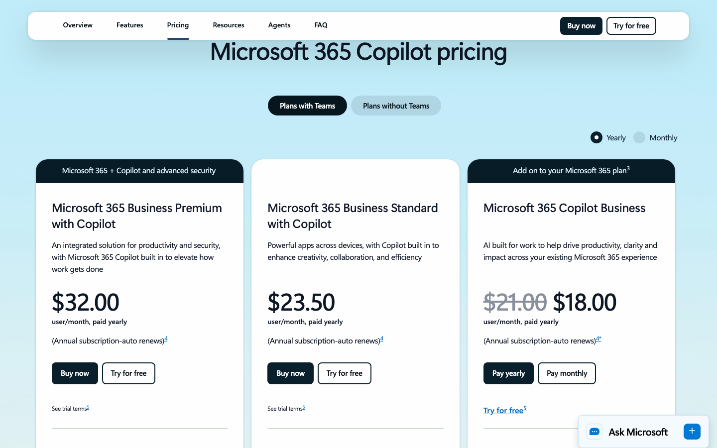 Microsoft 365 Copilot pricing section showing Business Premium with Copilot at 32.00 US dollars, Business Standard with Copilot at 23.50 US dollars and Microsoft 365 Copilot Business at 18.00 US dollars per user per month paid yearly