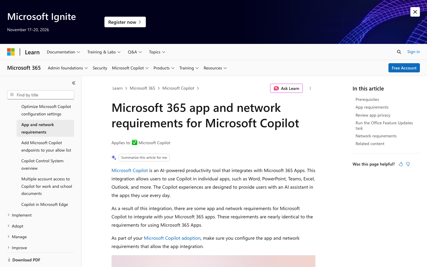 Microsoft Learn page titled Microsoft 365 app and network requirements for Microsoft Copilot