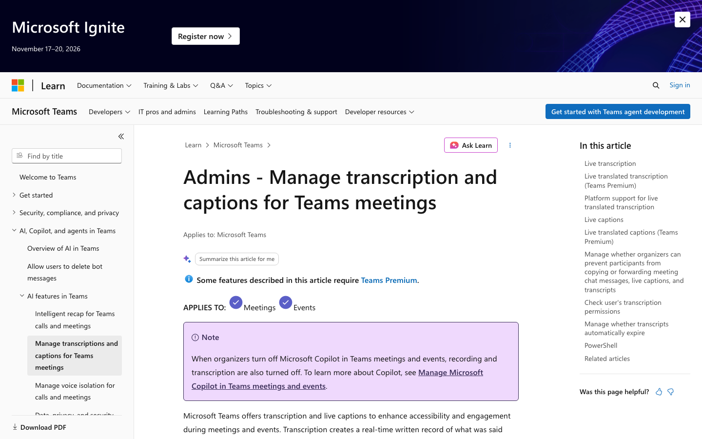Microsoft Learn admin page titled Manage transcription and captions for Teams meetings