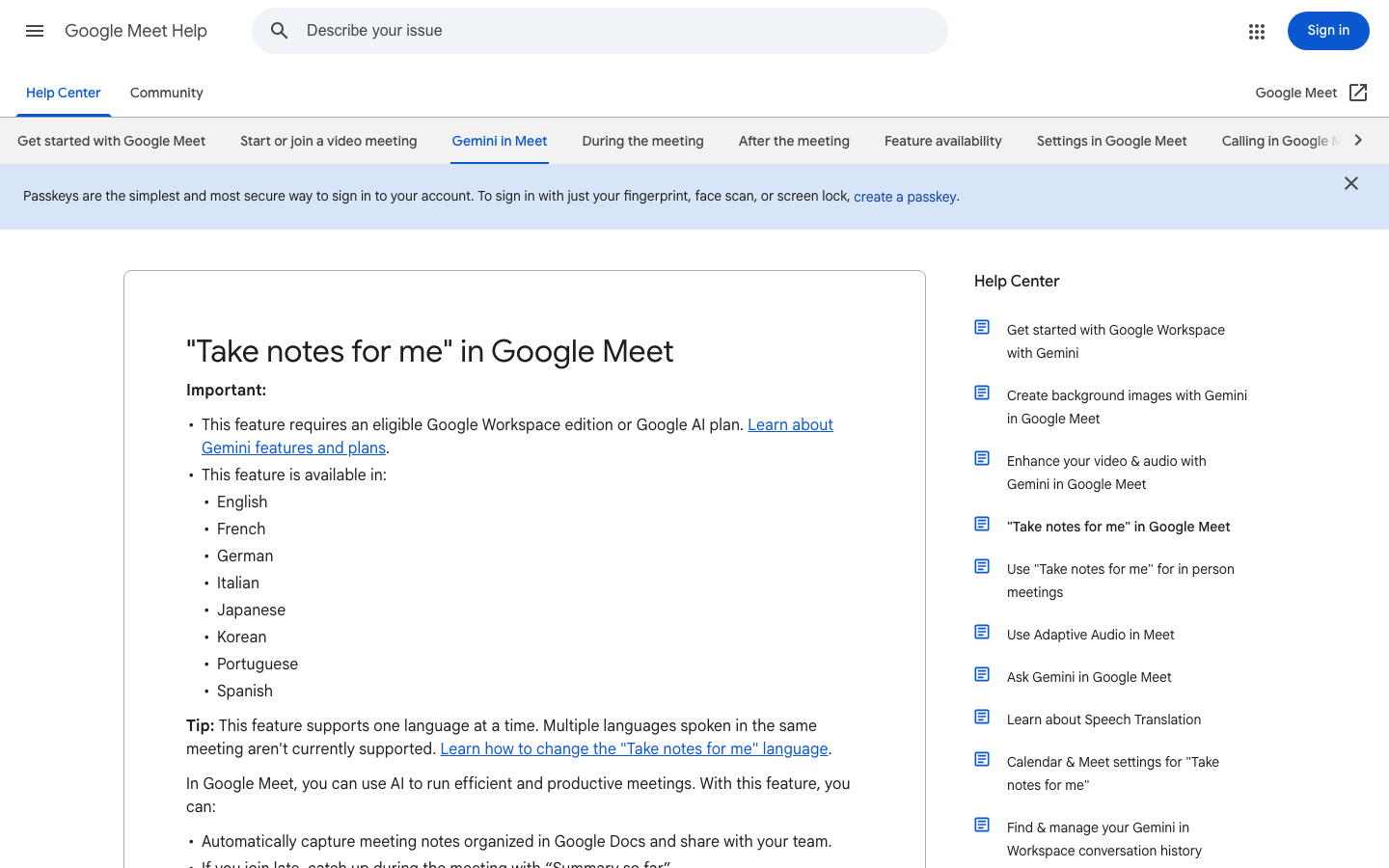 Google Meet Help page for Take notes for me listing the eligible-plan requirement and the eight supported languages