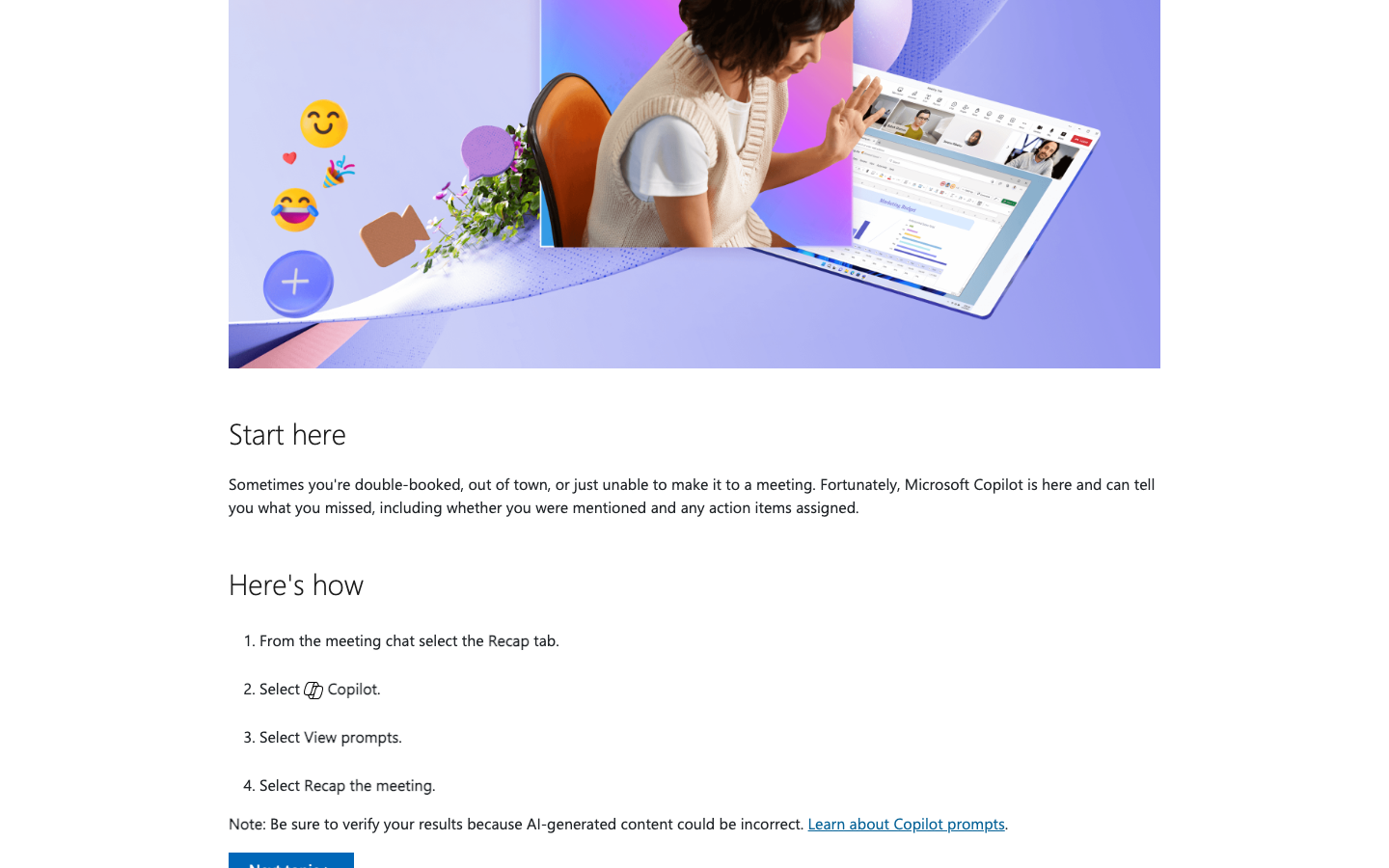 Microsoft Support page Recap a Teams meeting showing the four recap steps and the note to verify AI-generated results