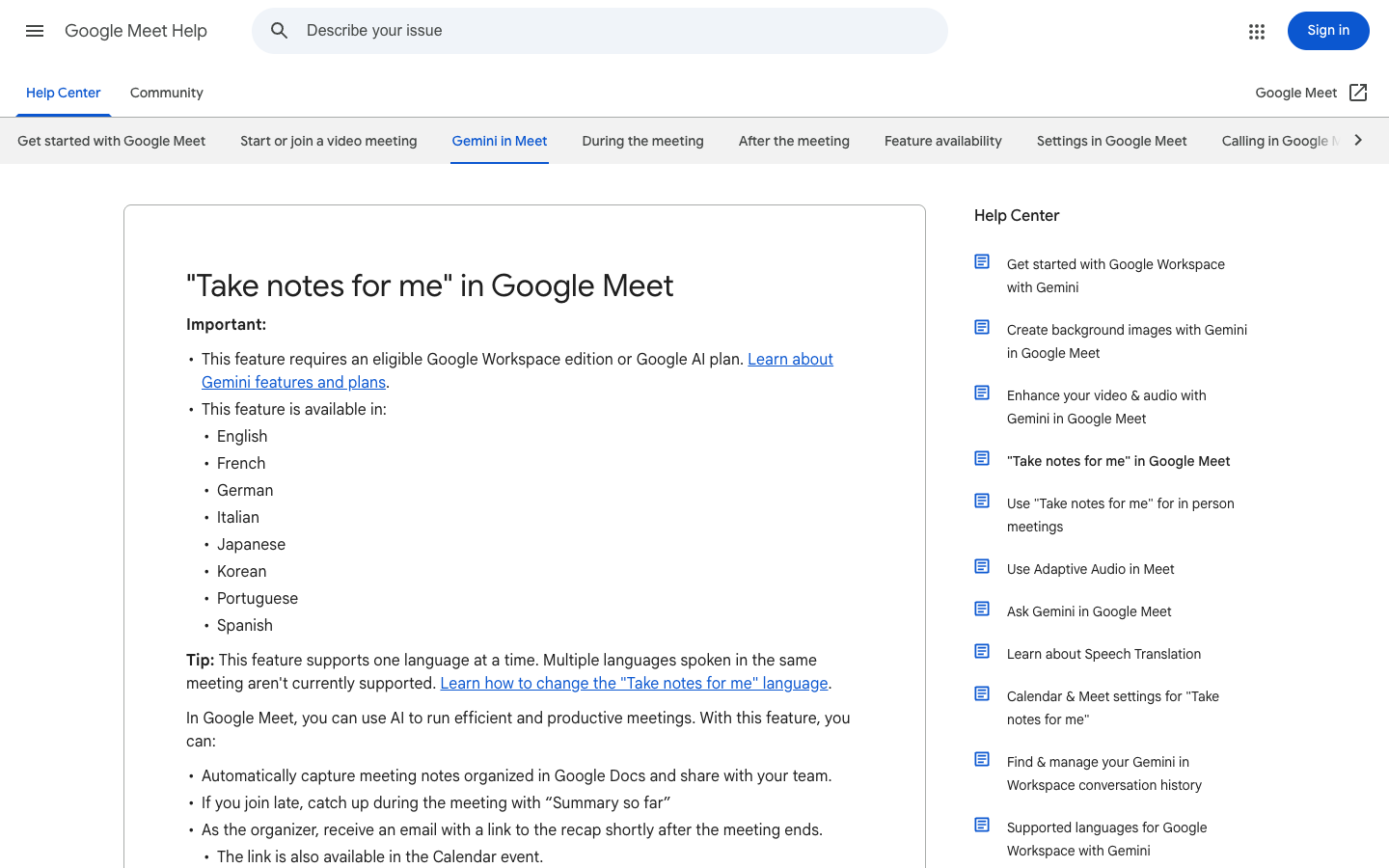 Google Meet Help page explaining Take notes for me