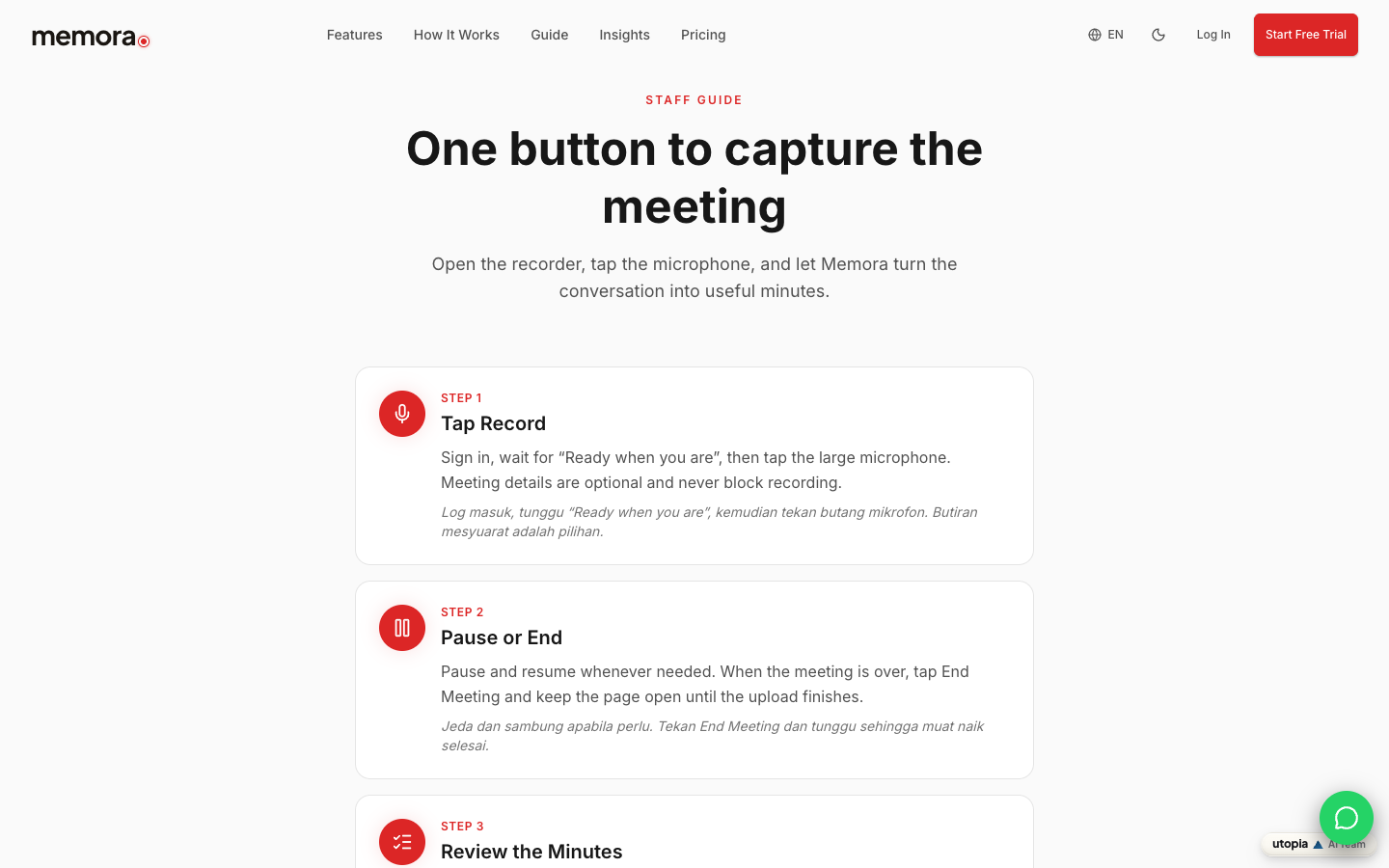 Memora staff guide showing the capture, upload and review workflow