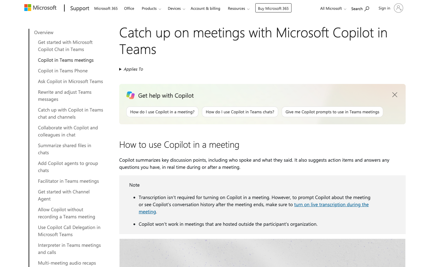 Microsoft Support page explaining Copilot in Teams meetings