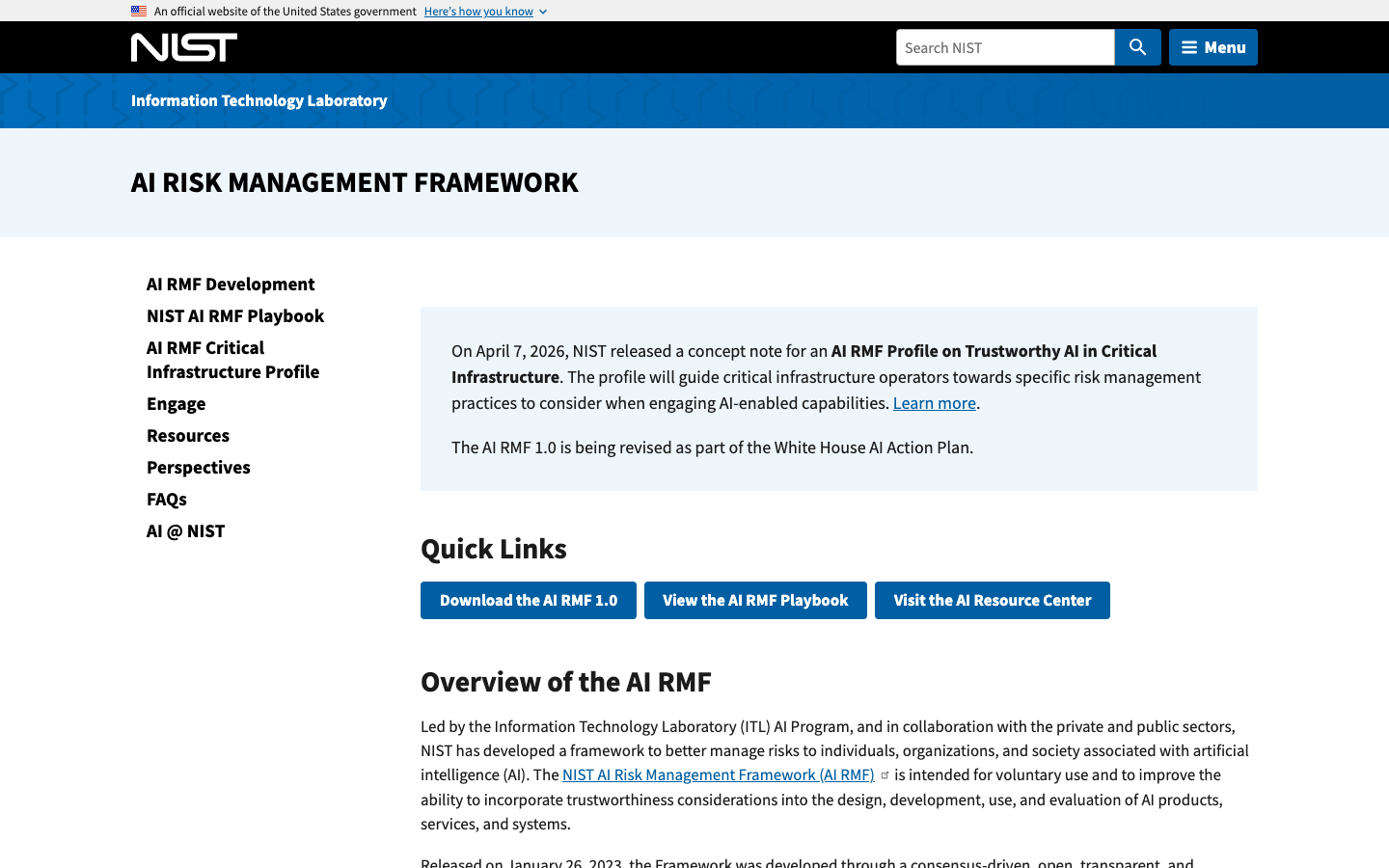 NIST AI Risk Management Framework page showing the overview describing voluntary use across design, development, use and evaluation of AI systems