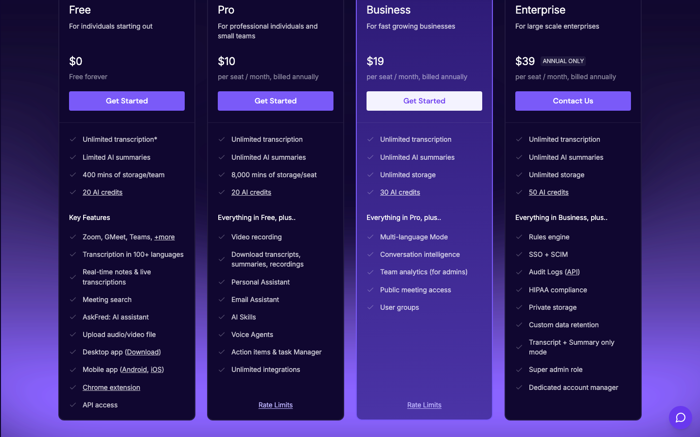 Fireflies.ai pricing page showing Free at 0 dollars, Pro at 10 dollars, Business at 19 dollars and Enterprise at 39 dollars per seat per month billed annually